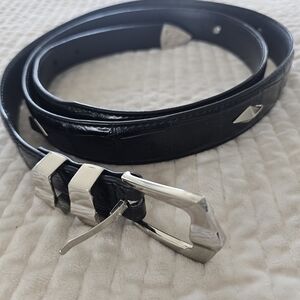 Western Inspired Black Leather Croc Embossed Belt with Silver Design And Buckle